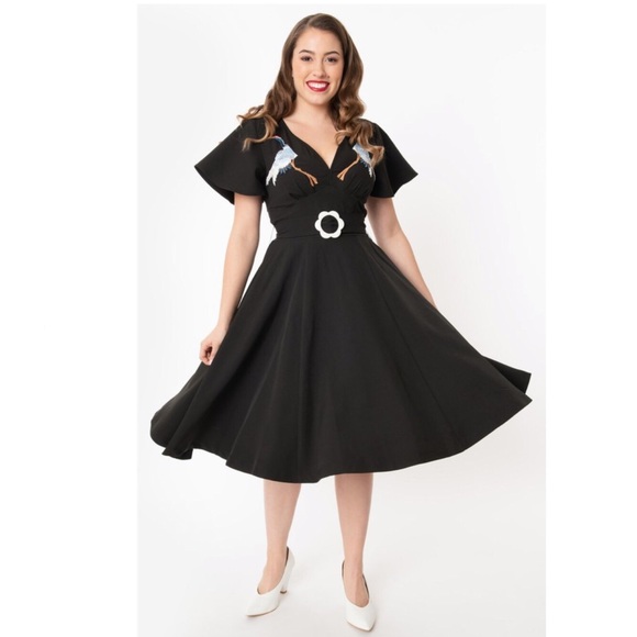 Unique Vintage Dresses & Skirts - Unique ᴠɪɴᴛᴀɢᴇ Black Crane Kay Swing Dress Size XL
